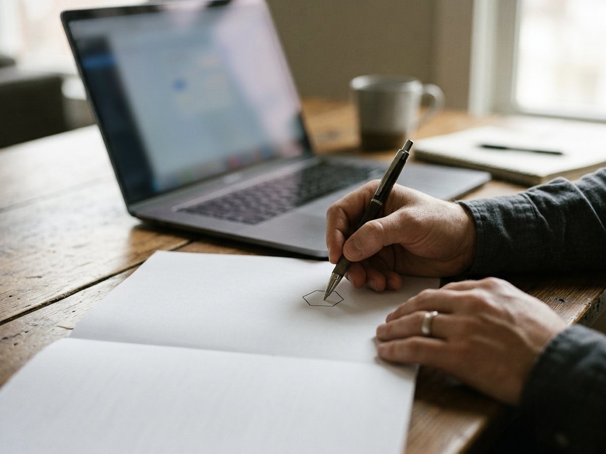 Hands marking a printed page with a pen, a laptop open behind