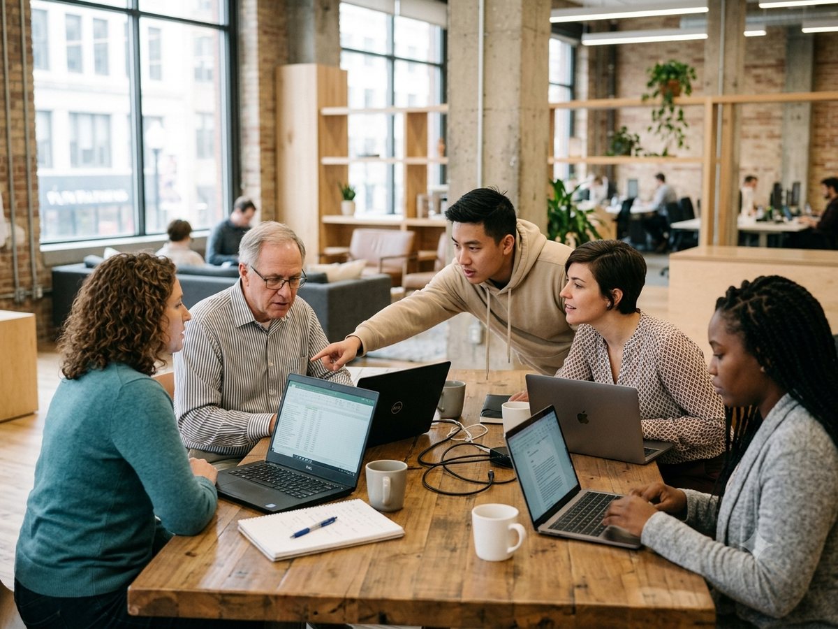 A small group around a table with laptops open, one person pointing at a colleague's screen