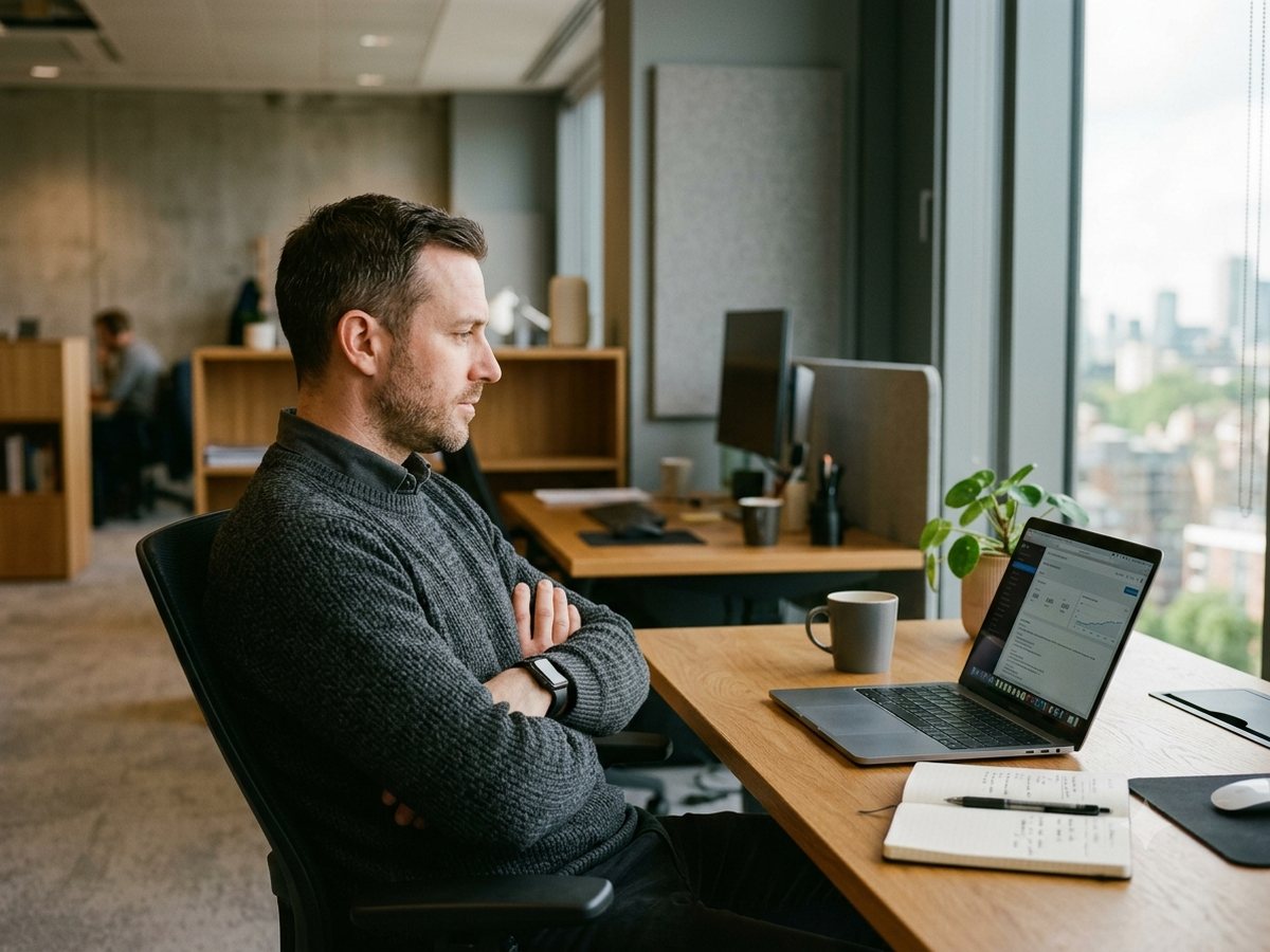 A man sitting back from his laptop with his arms folded in a quiet office